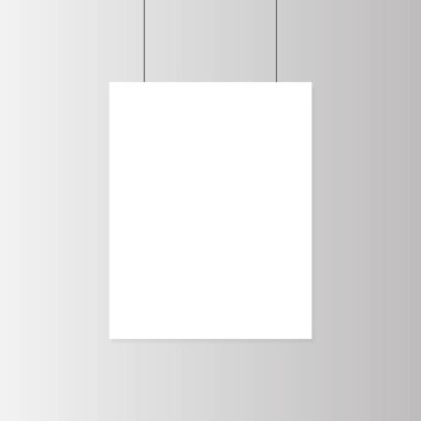 Gerçekçi boş beyaz kağıt poster duvara mockup üzerinde asılı. Şablon sayfa afiş Sergisi için. Vektör çizim.