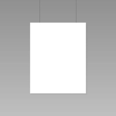 Gerçekçi boş beyaz kağıt poster duvara mockup üzerinde asılı. Şablon sayfa afiş Sergisi için. Vektör çizim.