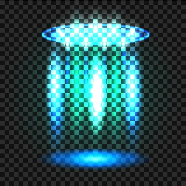 UFO feixe de luz, alienígenas futurista nave isolada em fundo quadriculado transparente. Transporte de disco no escuro. Ilustração vetorial — Vetor de Stock