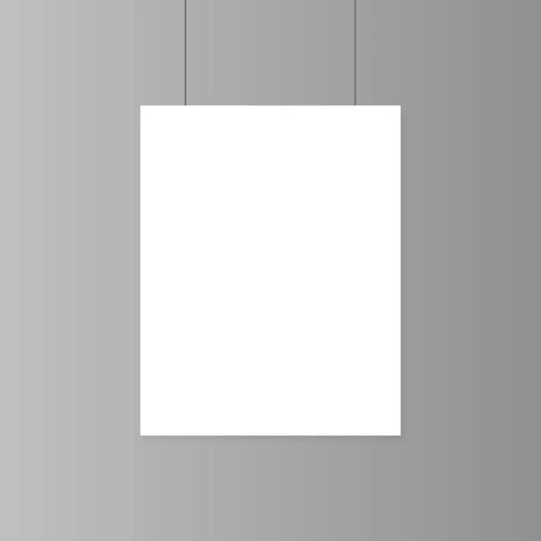 Cartel realista de papel blanco en blanco colgado en la maqueta de la pared. Plantilla página de banner para exposición. Ilustración vectorial . — Vector de stock