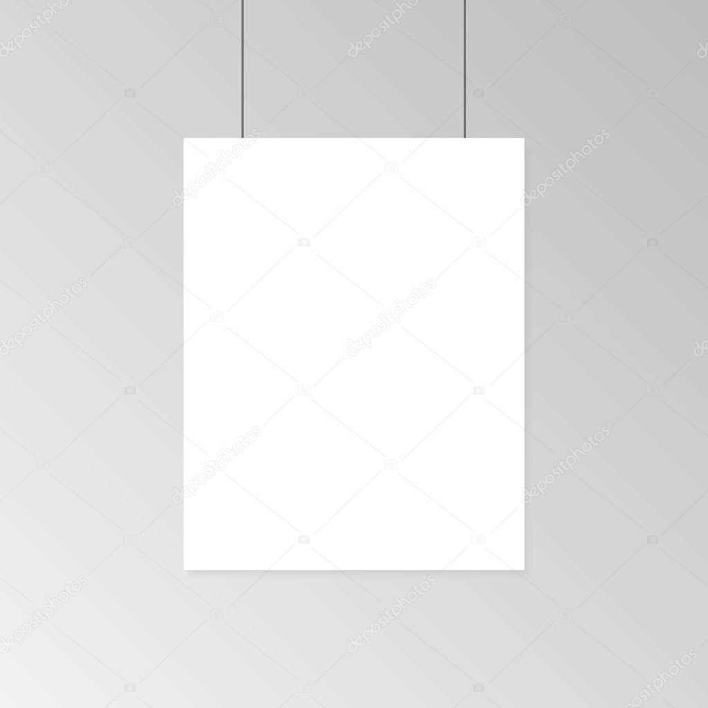 Realistic blank white paper poster hanging on wall mockup. Template page of banner for exhibition. Vector illustration.