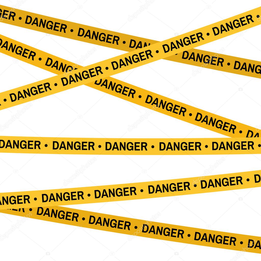 Crime scene Danger yellow tape, police line Do Not Cross tape. Cartoon flat-style illustration White background.