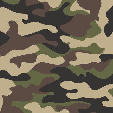 Kamuflaj desen arka plan. Klasik giyim tarzı camo tekrar Yazdır maskeleme. Yeşil Kahverengi Siyah Zeytin renkler orman dokusu. Tasarım öğesi. Vektör çizim.