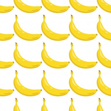 Sarı muz seamless modeli. Tatlı tropikal meyve. Beyaz arka plan. Vektör çizim.