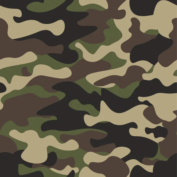 Kamouflage sömlös bakgrund. Klassiska klädstil maskering camo upprepad utskrift. Grön brun svart oliv färger skog konsistens. Designelement. Vektorillustration. — Stock vektor