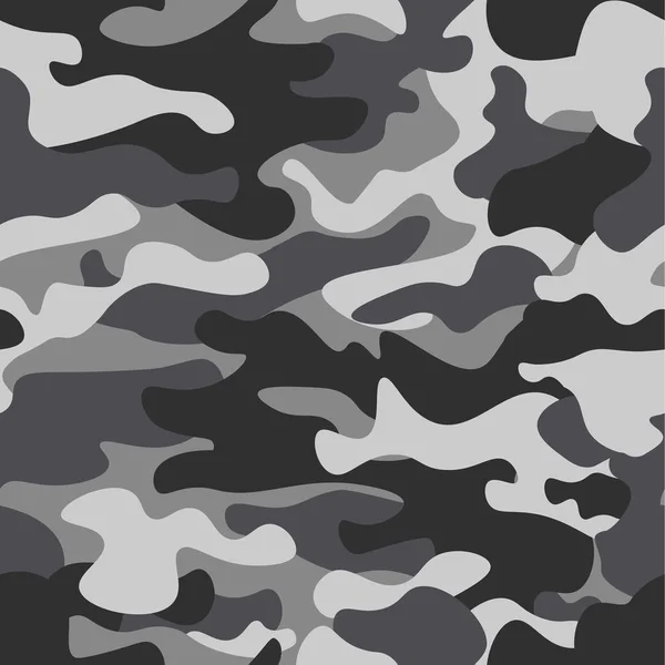 Kamouflage sömlös mönster bakgrund. Klassisk klädstil maskerande camo upprepa tryck. Svart grå vita färger vinter is struktur. Designelement. Vektorillustration. — Stock vektor