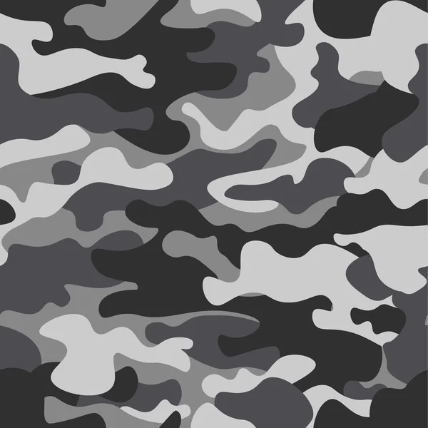 Kamouflage sömlös mönster bakgrund. Klassisk klädstil maskerande camo upprepa tryck. Svart grå vita färger vinter is struktur. Designelement. Vektorillustration. — Stock vektor