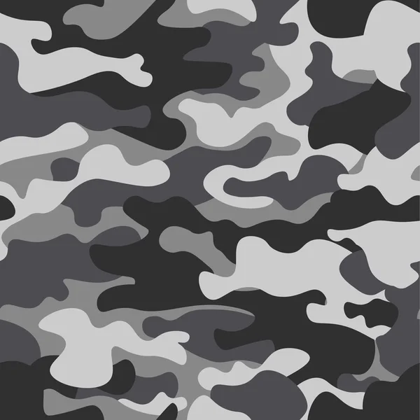 Kamouflage sömlös mönster bakgrund. Klassisk klädstil maskerande camo upprepa tryck. Svart grå vita färger vinter is struktur. Designelement. Vektorillustration. — Stock vektor