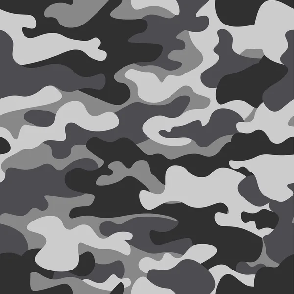 Kamouflage sömlös mönster bakgrund. Klassisk klädstil maskerande camo upprepa tryck. Svart grå vita färger vinter is struktur. Designelement. Vektorillustration. — Stock vektor