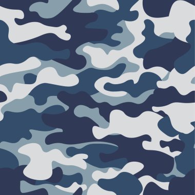 Sorunsuz kamuflaj desen arka plan. Klasik giyim tarzı camo tekrar Yazdır maskeleme. Mavi, lacivert gök mavisi gri orman doku renkleri. Tasarım öğesi. Vektör çizim.