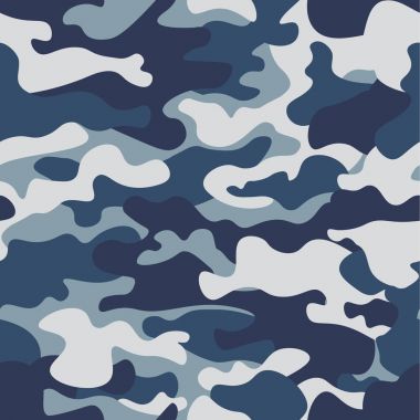 Sorunsuz kamuflaj desen arka plan. Klasik giyim tarzı camo tekrar Yazdır maskeleme. Mavi, lacivert gök mavisi gri orman doku renkleri. Tasarım öğesi. Vektör çizim.