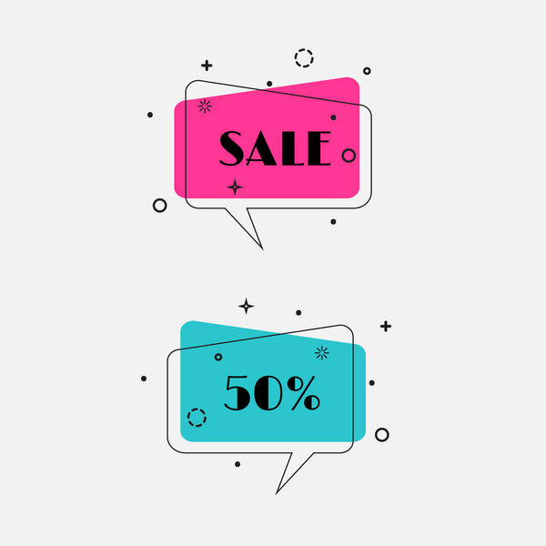 Set of trendy flat geometric vector bubbles. Vivid transparent banners in retro poster design style. Vintage colors and shapes. Random,Grey, black background. Vector illustration.