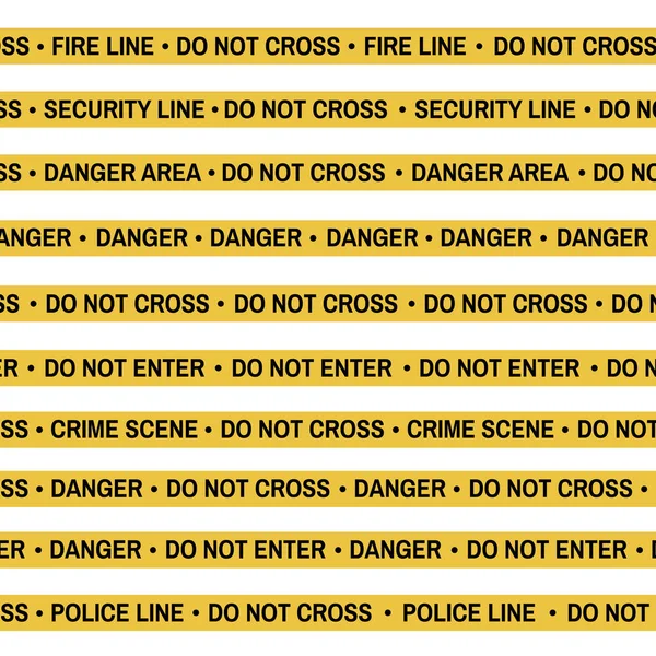 Zestaw żółtą taśmą zbrodni, linia policyjnej, niebezpieczeństwo, ogień, taśma nie przecinają. Kreskówka typu płaskiego. Ilustracja wektorowa. Białe tło. — Wektor stockowy