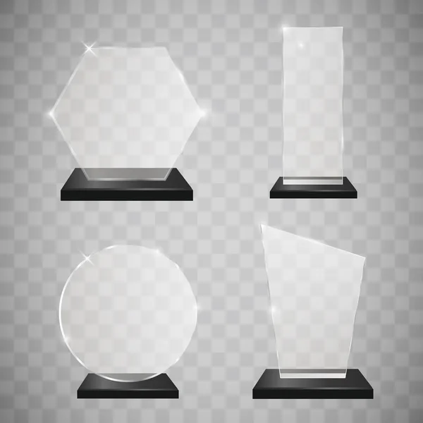 Empty glass trophy awards set. Glossy transparent trophy for award. Design elements. Transparent background. Vector illustration — Stock Vector