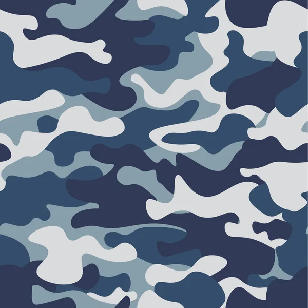 Sömlös kamouflage mönster bakgrund. Klassiska klädstil maskering camo upprepad utskrift. Blå, marin cerulean grå färger skog textur. Designelement. Vektorillustration. — Stock vektor