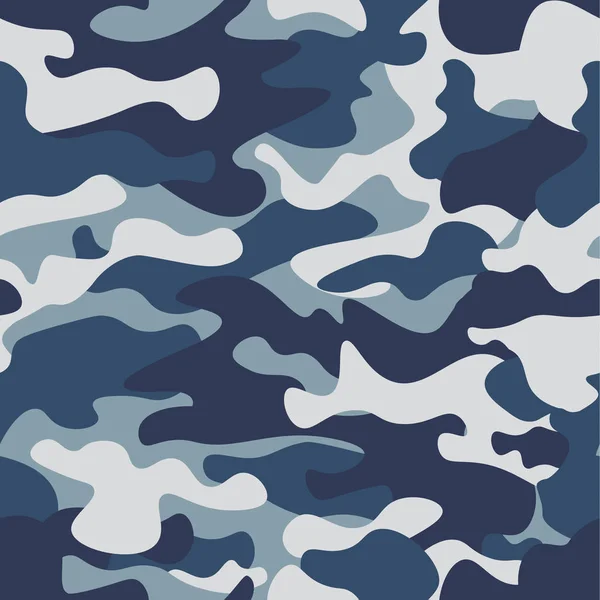 Sömlös kamouflage mönster bakgrund. Klassiska klädstil maskering camo upprepad utskrift. Blå, marin cerulean grå färger skog textur. Designelement. Vektorillustration. — Stock vektor
