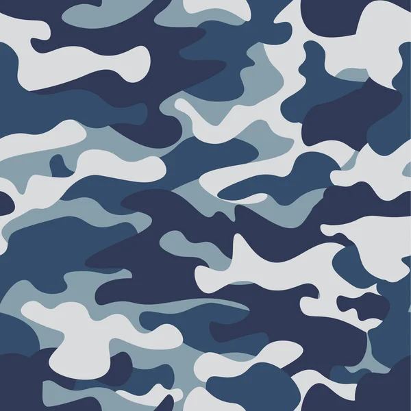 Bezszwowe tło wzór kamuflażu. Klasyczna Odzież styl maskowanie camo powtarzania wydruku. Niebieski, granatowy, szary cerulean kolory texture lasu. Element projektu. Ilustracja wektorowa. — Wektor stockowy