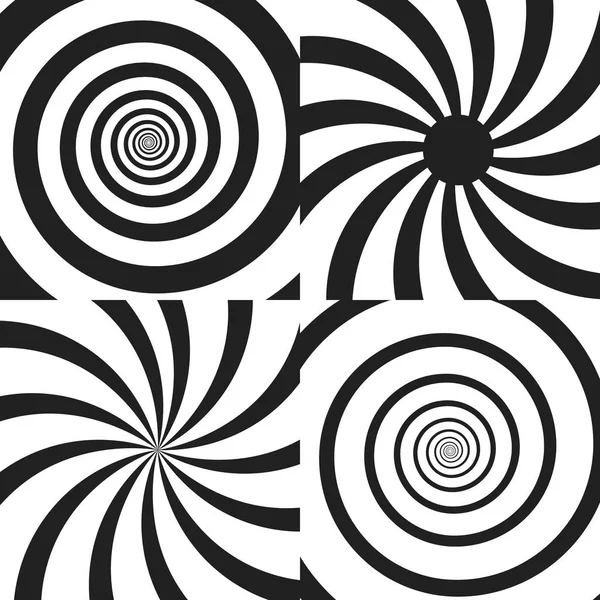 Conjunto de espiral psicodélica con rayos radiales, giro, efecto cómico retorcido, fondos de vórtice. Ilustración vectorial. Elementos de diseño . — Vector de stock