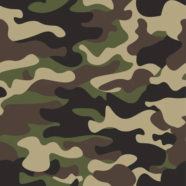 Kamouflage sömlös bakgrund. Klassiska klädstil maskering camo upprepad utskrift. Grön brun svart oliv färger skog konsistens. Designelement. Vektorillustration. — Stock vektor