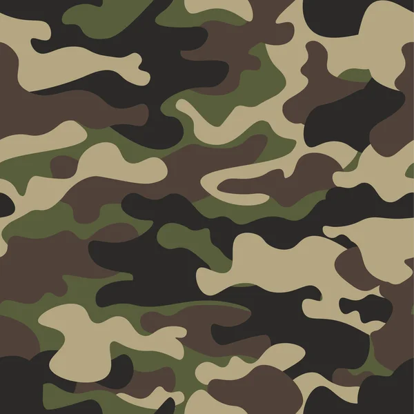 Kamouflage sömlös bakgrund. Klassiska klädstil maskering camo upprepad utskrift. Grön brun svart oliv färger skog konsistens. Designelement. Vektorillustration. — Stock vektor