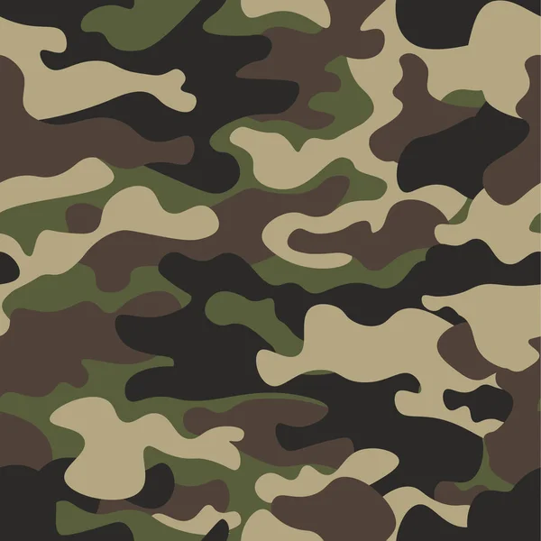 Kamouflage sömlös bakgrund. Klassiska klädstil maskering camo upprepad utskrift. Grön brun svart oliv färger skog konsistens. Designelement. Vektorillustration. — Stock vektor