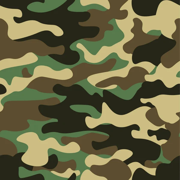 Kamouflage sömlös bakgrund. Klassiska klädstil maskering camo upprepad utskrift. Grön brun svart oliv färger skog konsistens. Designelement. Vektorillustration. — Stock vektor