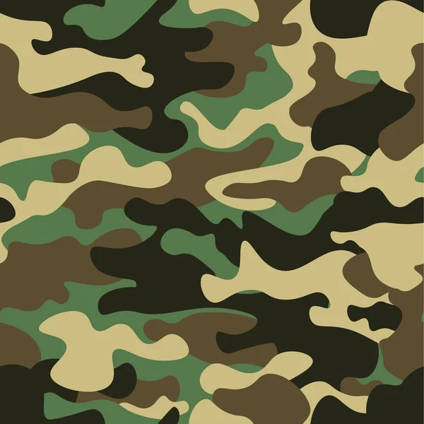 Kamouflage sömlös bakgrund. Klassiska klädstil maskering camo upprepad utskrift. Grön brun svart oliv färger skog konsistens. Designelement. Vektorillustration. — Stock vektor