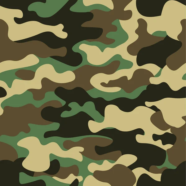 Kamouflage sömlös bakgrund. Klassiska klädstil maskering camo upprepad utskrift. Grön brun svart oliv färger skog konsistens. Designelement. Vektorillustration. — Stock vektor