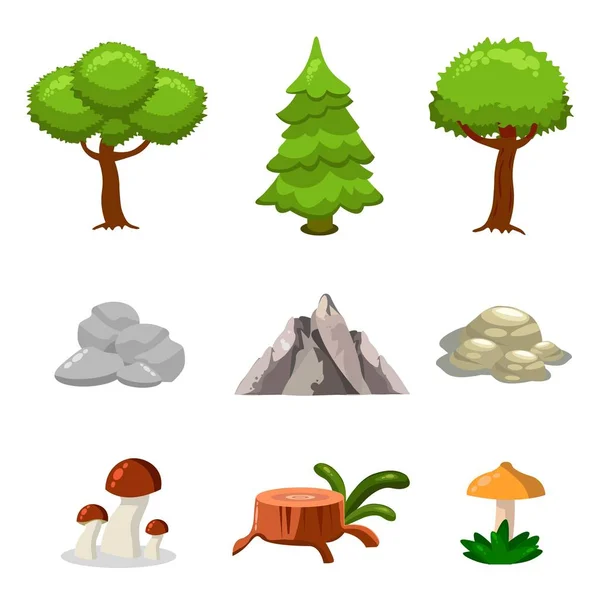 Dibujos animados naturaleza paisaje elementos conjunto, árboles, piedras y hierba clip de arte, aislado sobre fondo blanco. Estilo plano y de dibujos animados. Ilustración vectorial . — Archivo Imágenes Vectoriales