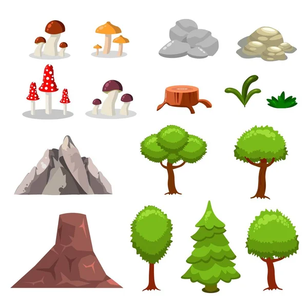 Dibujos animados naturaleza paisaje elementos conjunto, árboles, piedras y hierba clip de arte, aislado sobre fondo blanco. Estilo plano y de dibujos animados. Ilustración vectorial . — Archivo Imágenes Vectoriales