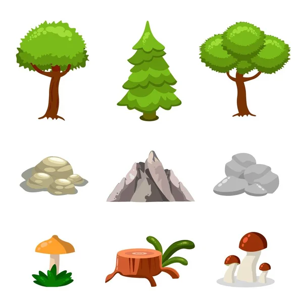 Cartoon nature landscape elements set, trees, stones and grass clip art, isolated on white background. Flat and cartoon style. Vector illustration. — Stock Vector