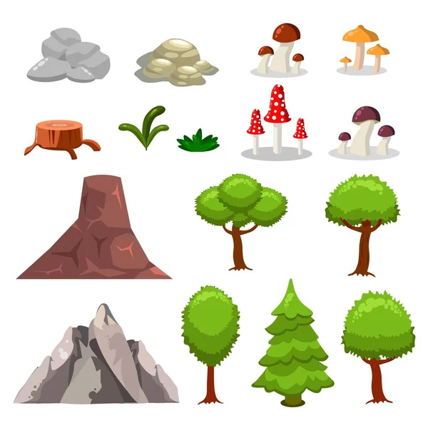 Dibujos animados naturaleza paisaje elementos conjunto, árboles, piedras y hierba clip de arte, aislado sobre fondo blanco. Estilo plano y de dibujos animados. Ilustración vectorial . — Archivo Imágenes Vectoriales