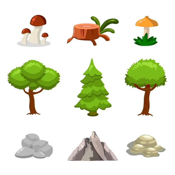 Dibujos animados naturaleza paisaje elementos conjunto, árboles, piedras y hierba clip de arte, aislado sobre fondo blanco. Estilo plano y de dibujos animados. Ilustración vectorial . — Archivo Imágenes Vectoriales