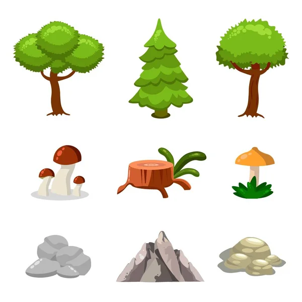 Dibujos animados naturaleza paisaje elementos conjunto, árboles, piedras y hierba clip de arte, aislado sobre fondo blanco. Estilo plano y de dibujos animados. Ilustración vectorial . — Archivo Imágenes Vectoriales