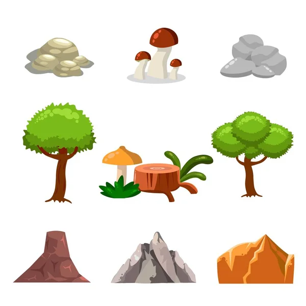 Dibujos animados naturaleza paisaje elementos conjunto, árboles, piedras y hierba clip de arte, aislado sobre fondo blanco. Estilo plano y de dibujos animados. Ilustración vectorial . — Archivo Imágenes Vectoriales