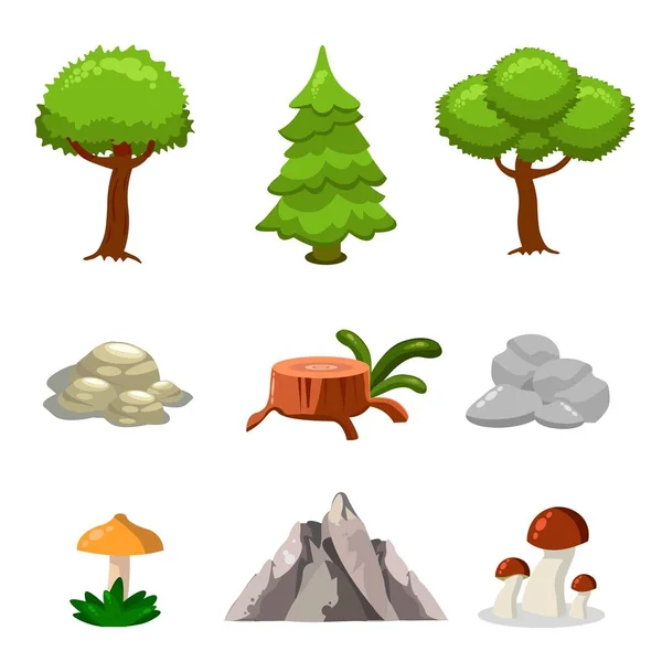 Dibujos animados naturaleza paisaje elementos conjunto, árboles, piedras y hierba clip de arte, aislado sobre fondo blanco. Estilo plano y de dibujos animados. Ilustración vectorial . — Archivo Imágenes Vectoriales