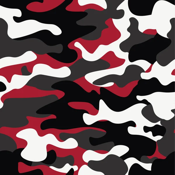 Fondo de patrón de camuflaje sin costuras. Estilo de ropa clásica camuflaje máscara impresión repetida. Rojo, blanco, marrón negro colores textura del bosque. Elemento de diseño. Ilustración vectorial — Vector de stock