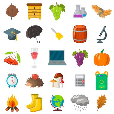 Sonbahar, okul Icon set. Karikatür ve düz stil. Beyaz arka plan. Vektör çizim.