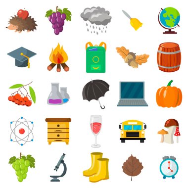 Sonbahar, okul Icon set. Karikatür ve düz stil. Beyaz arka plan. Vektör çizim.