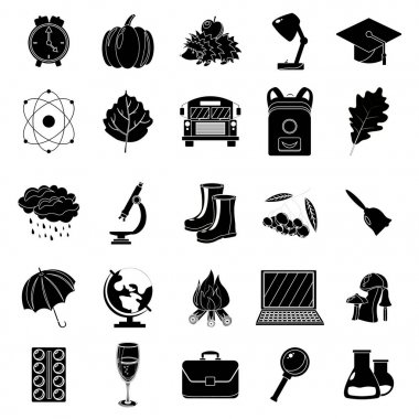 Sonbahar, okul Icon set. Siyah ve beyaz tarzı. Beyaz arka plan. Vektör çizim.