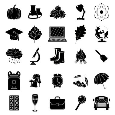 Sonbahar, okul Icon set. Siyah ve beyaz tarzı. Beyaz arka plan. Vektör çizim.