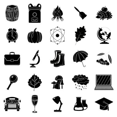 Sonbahar, okul Icon set. Siyah ve beyaz tarzı. Beyaz arka plan. Vektör çizim.