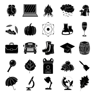 Sonbahar, okul Icon set. Siyah ve beyaz tarzı. Beyaz arka plan. Vektör çizim.