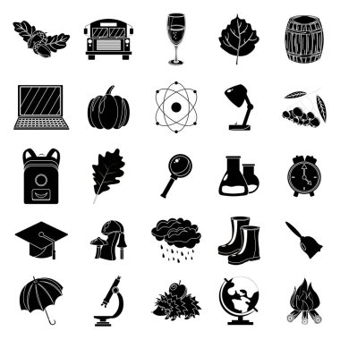 Sonbahar, okul Icon set. Siyah ve beyaz tarzı. Beyaz arka plan. Vektör çizim.