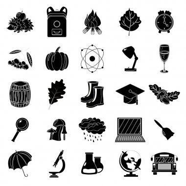 Sonbahar, okul Icon set. Siyah ve beyaz tarzı. Beyaz arka plan. Vektör çizim.