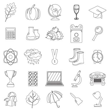 Sonbahar, okul Icon set. Anahat, çizgili, ince stil. Beyaz arka plan. Vektör çizim.