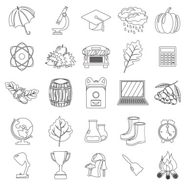 Sonbahar, okul Icon set. Anahat, çizgili, ince stil. Beyaz arka plan. Vektör çizim.