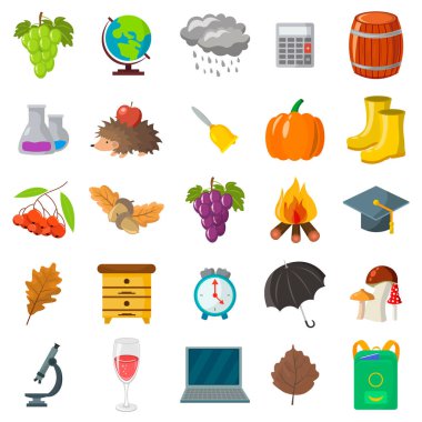 Sonbahar, okul Icon set. Karikatür ve düz stil. Beyaz arka plan. Vektör çizim.