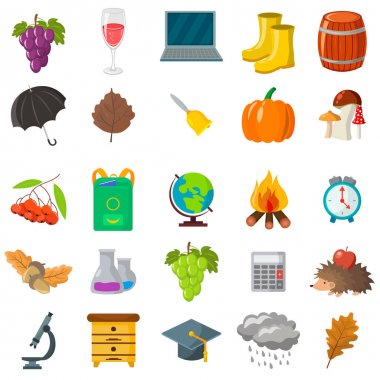 Sonbahar, okul Icon set. Karikatür ve düz stil. Beyaz arka plan. Vektör çizim.