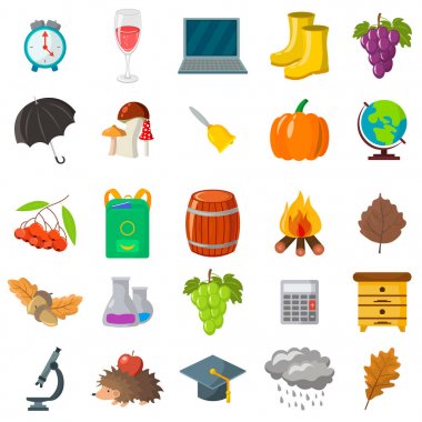 Sonbahar, okul Icon set. Karikatür ve düz stil. Beyaz arka plan. Vektör çizim.